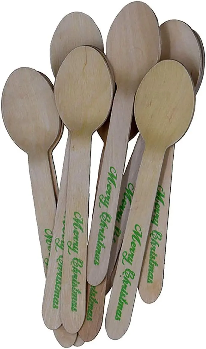 Disposable Wooden Spoons with Merry Christmas Print - 24 pack of Red & 24 pack of Green