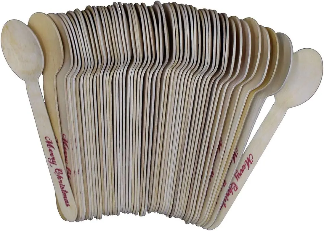 Disposable Wooden Spoons with Merry Christmas Print - 24 pack of Red & 24 pack of Green