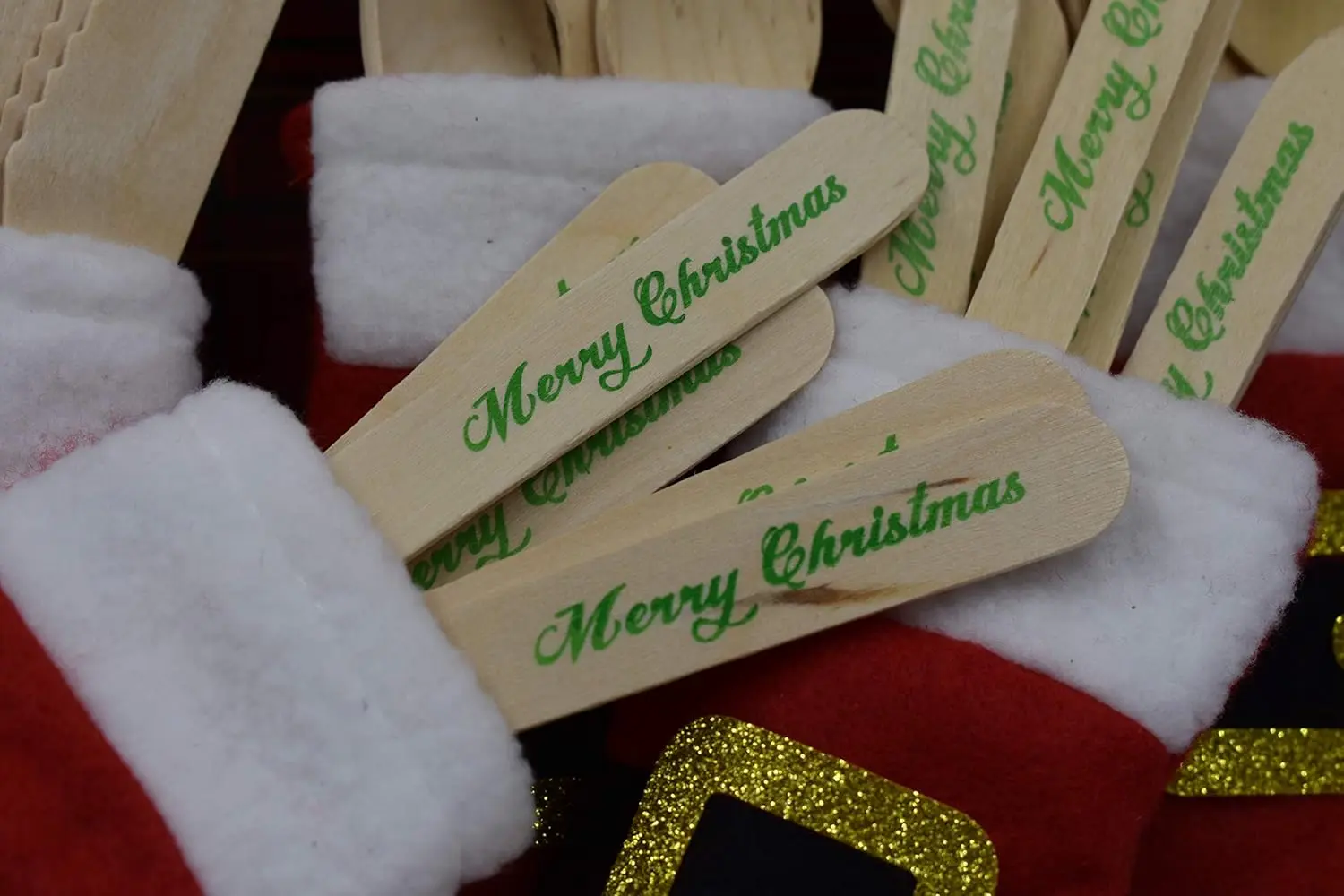 Disposable Wooden Spoons with Merry Christmas Print - 24 pack of Red & 24 pack of Green