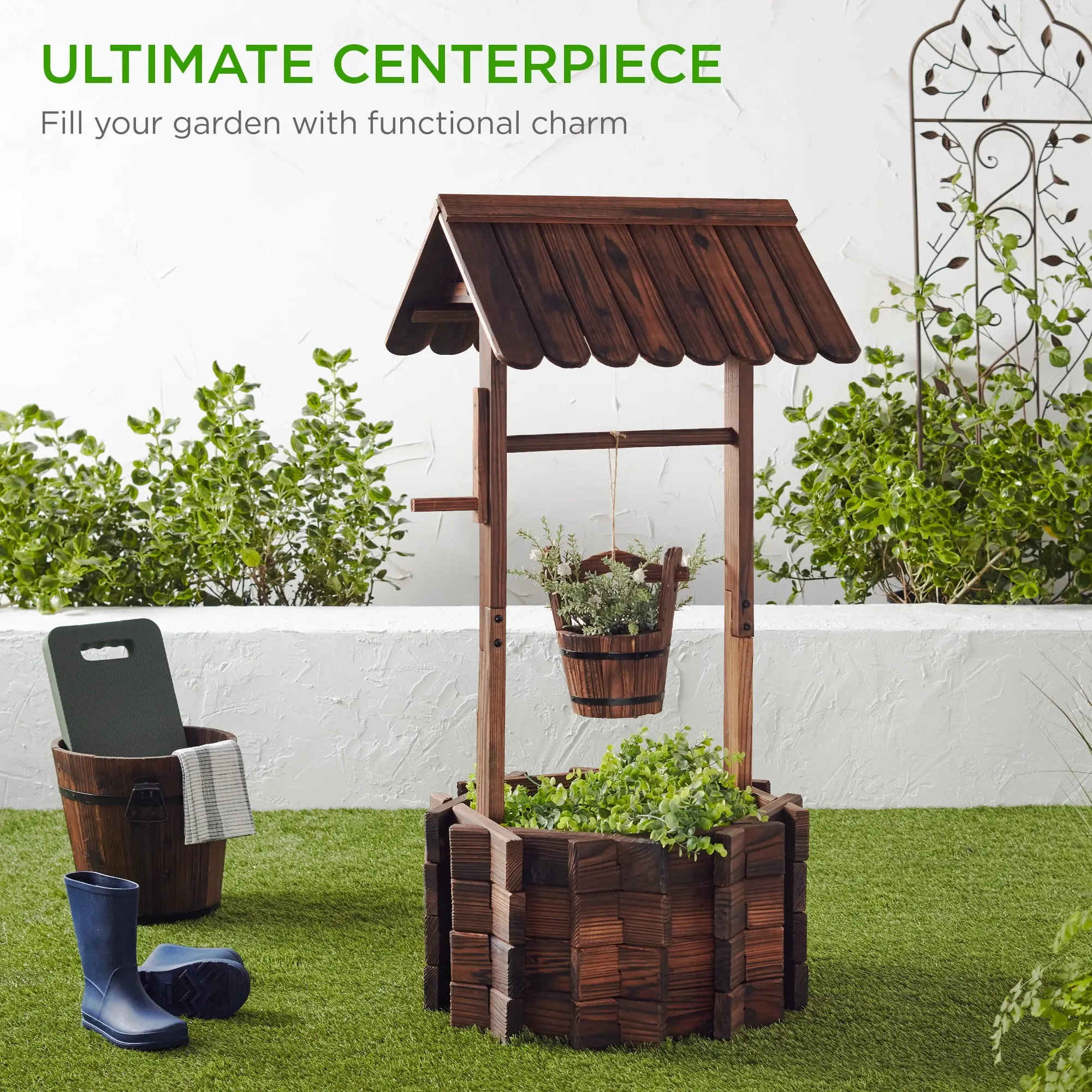 Rustic Wooden Wishing Well Planter Outdoor Home Decor for Patio, Garden, Yard w/ Hanging Bucket