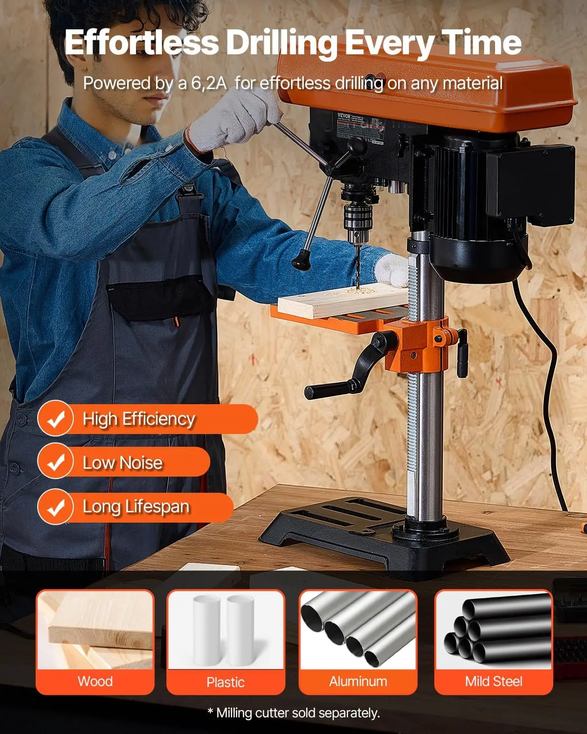 10 in Benchtop Drill Press, 6.2A Induction Motor, Tabletop Drilling Machine with 610/940 / 1500/2150 / 2800 RPM Adjustable Speed