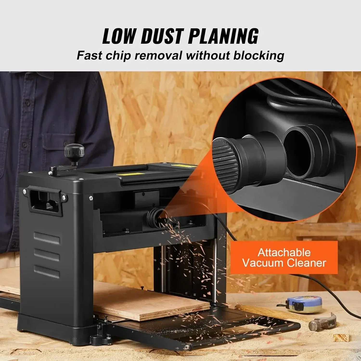 Thickness Planer, Two-Blade, 13" W Worktable Benchtop Planer, 15-A 1800W Powerful Motor, 12" Infeeding Table