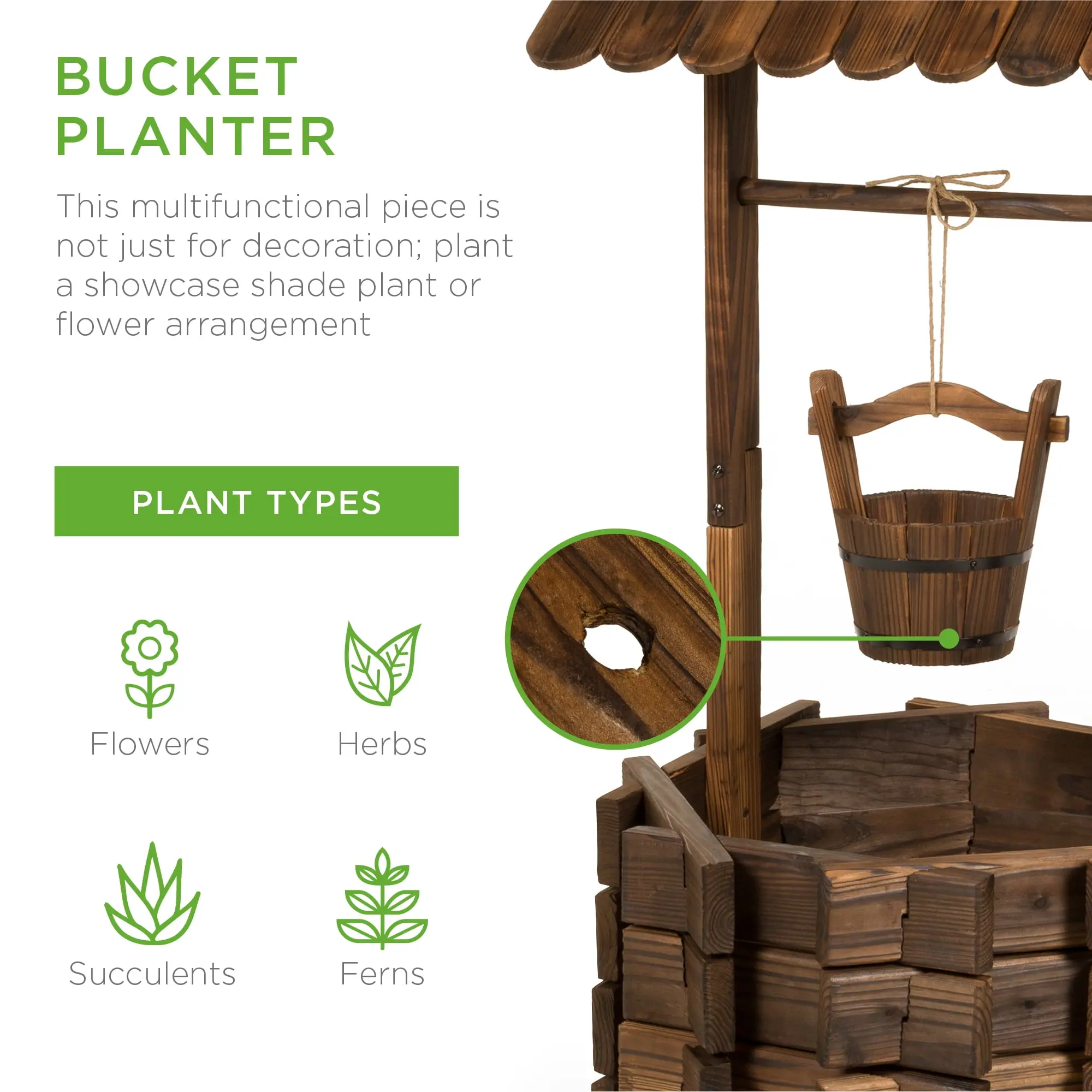 Rustic Wooden Wishing Well Planter Outdoor Home Decor for Patio, Garden, Yard w/ Hanging Bucket