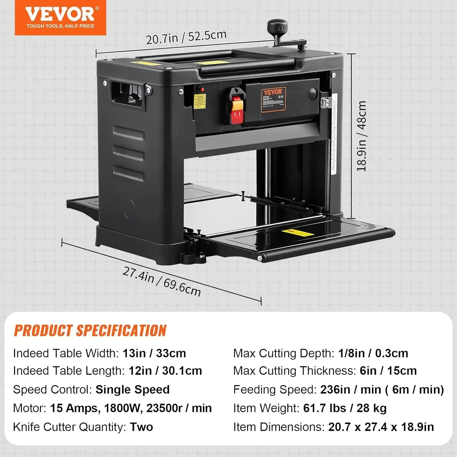 Thickness Planer, Two-Blade, 13" W Worktable Benchtop Planer, 15-A 1800W Powerful Motor, 12" Infeeding Table