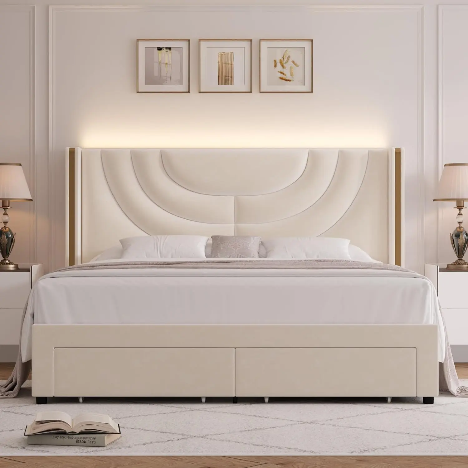King Upholstered LED Bed Frame ,Velvet Platform Bed with Wingback Headboard,Solid Wooden Slats Support,Headboard Splicing,Beige