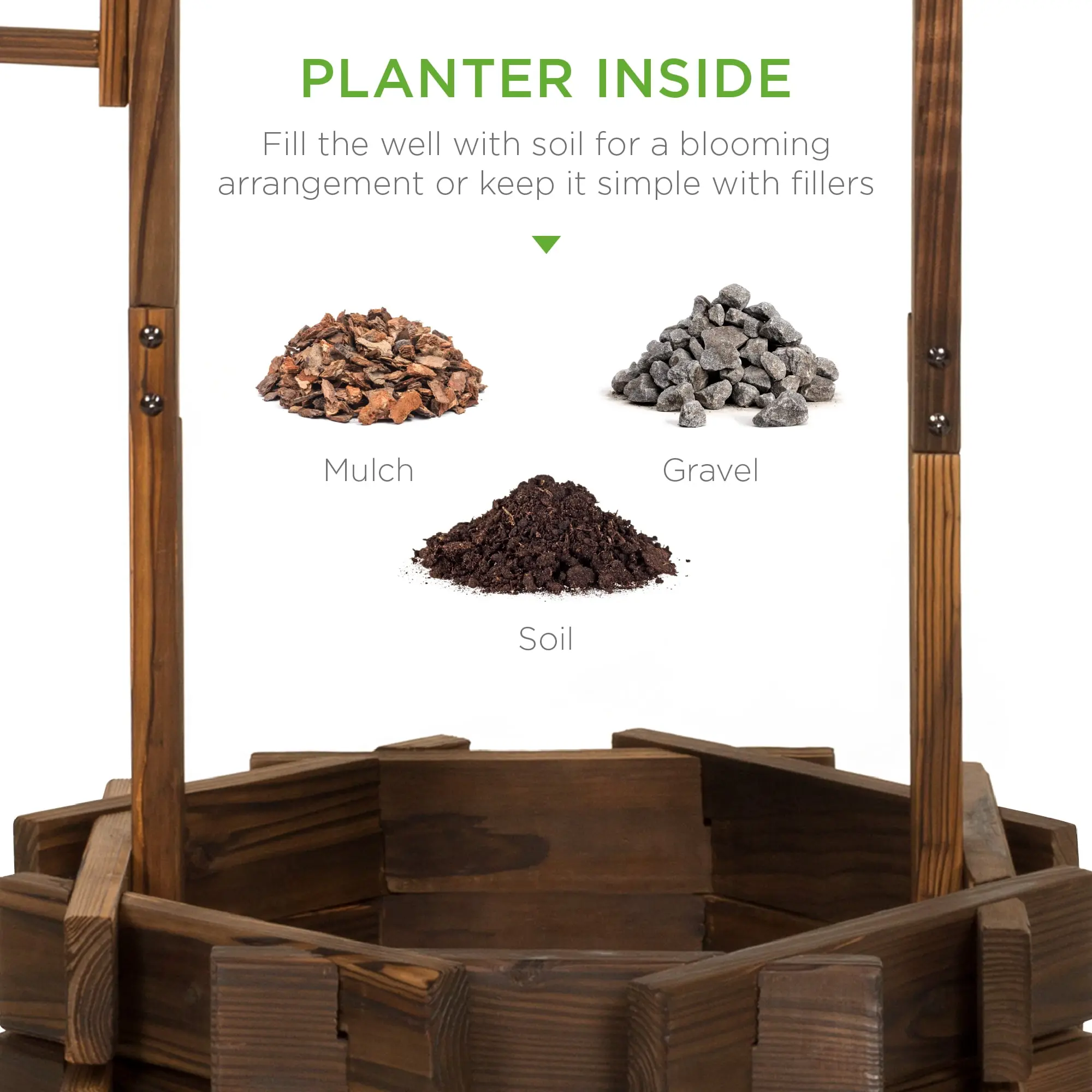 Rustic Wooden Wishing Well Planter Outdoor Home Decor for Patio, Garden, Yard w/ Hanging Bucket