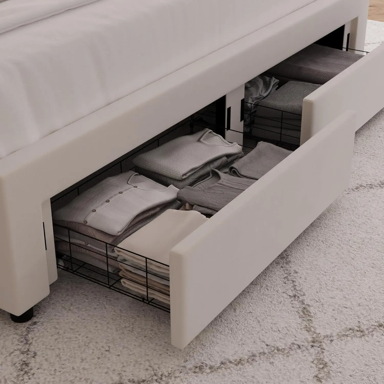King Upholstered LED Bed Frame ,Velvet Platform Bed with Wingback Headboard,Solid Wooden Slats Support,Headboard Splicing,Beige