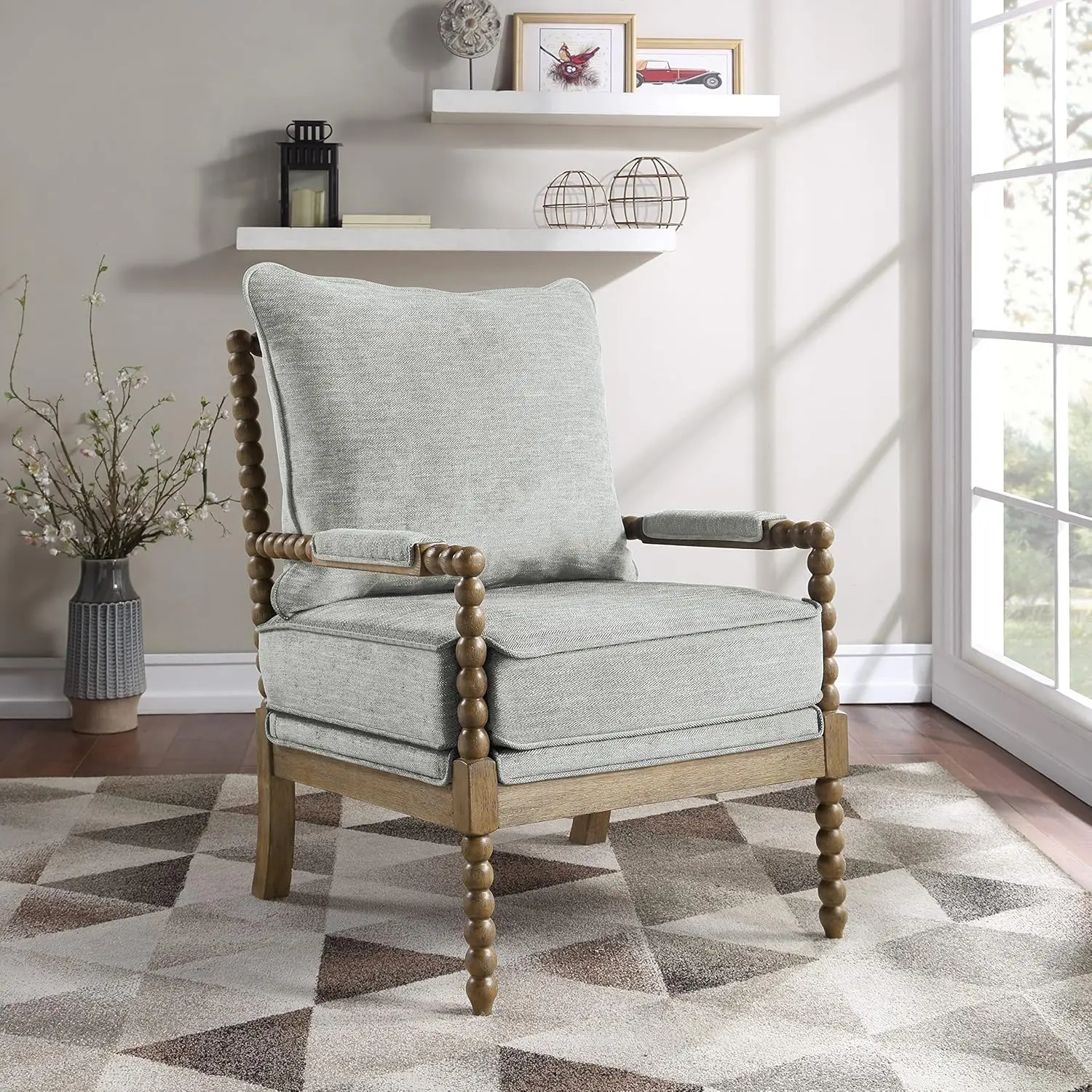 Fletcher Spindle Accent Chair with Rustic Brown Finish, Smoke Grey Upholstery