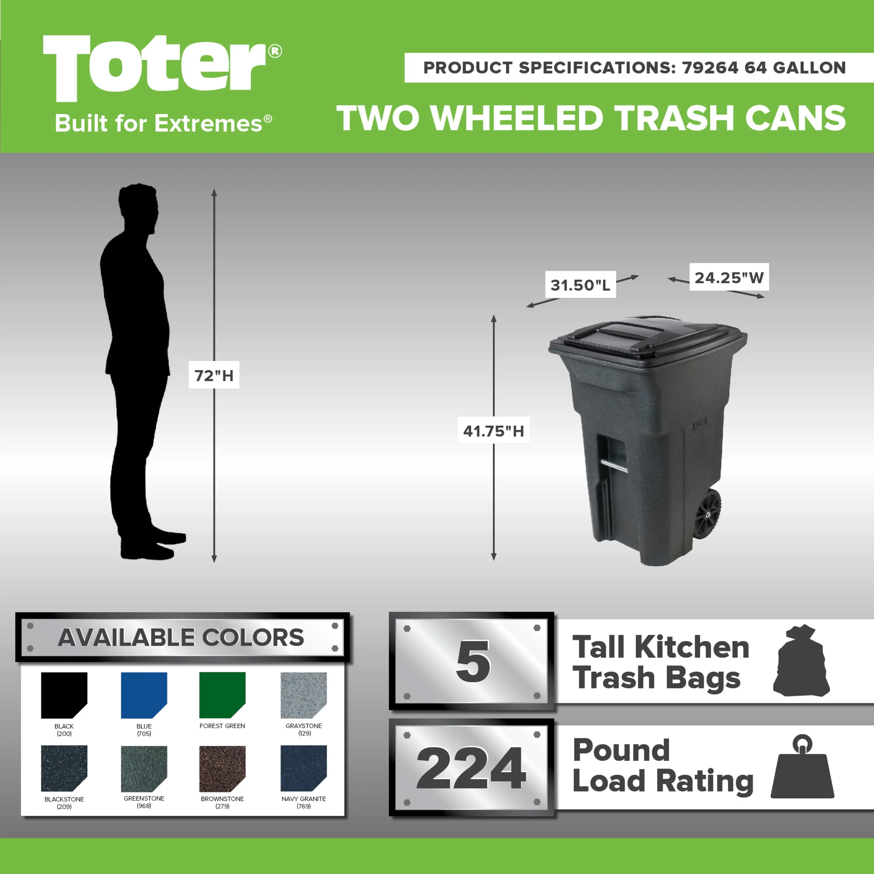 64 gallon black garbage can with wheels and lid