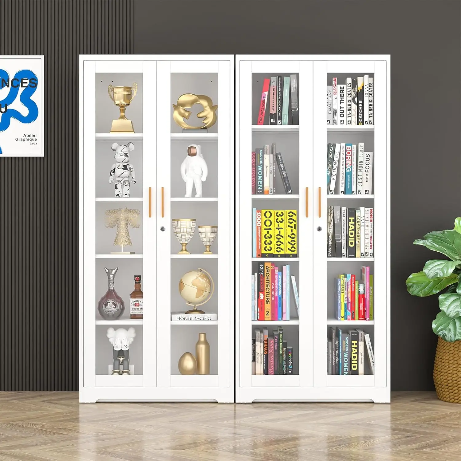 Display Cabinet with Glass Doors, Metal Curio Cabinets with Lock and Shelves, 71''Tall Display Case for Living & Dining Room
