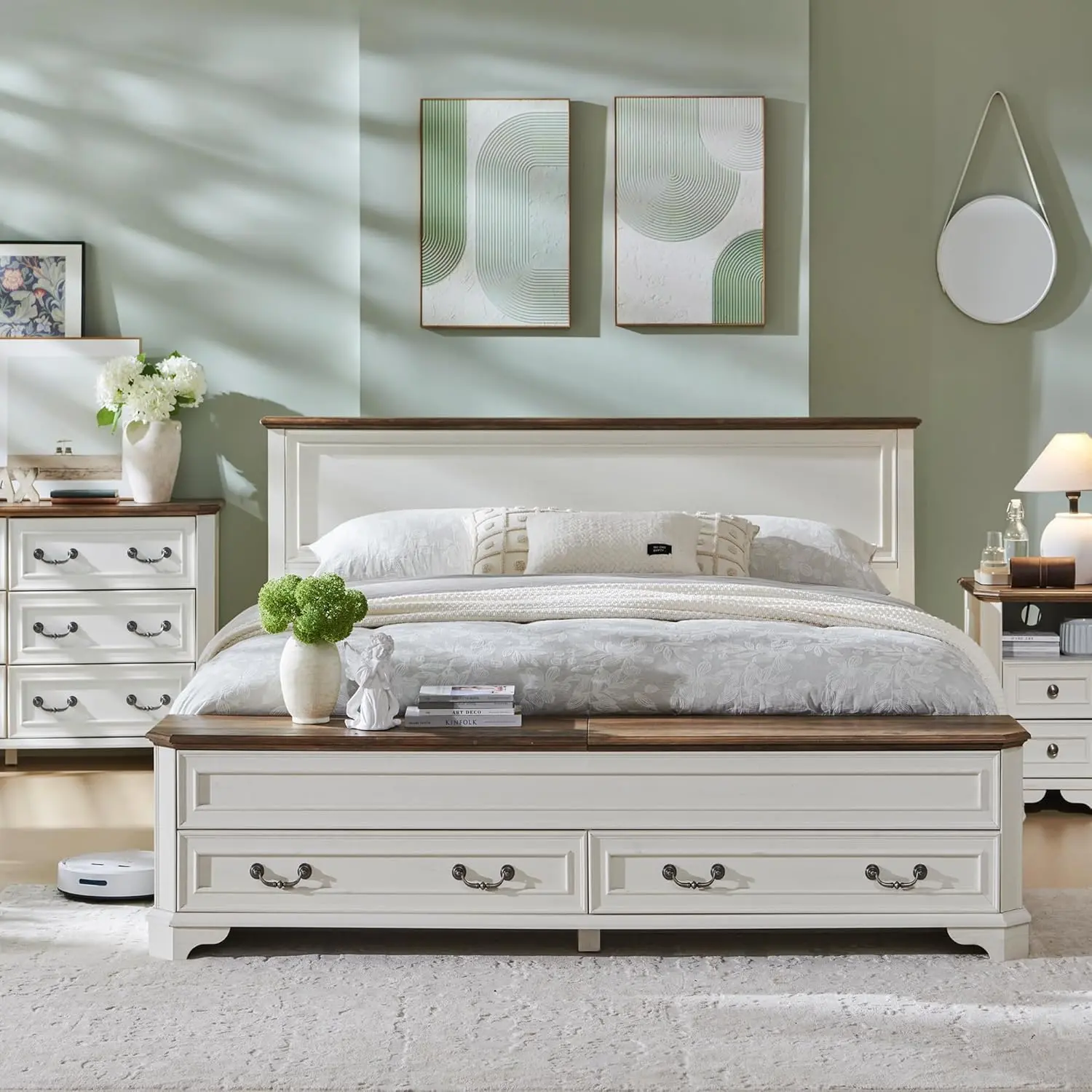 Farmhouse Queen Bed with Headboard and Storage Bench, Rustic Wood Platform Bed with 64" Storage Chest w/ 4 Large Storage Drawer