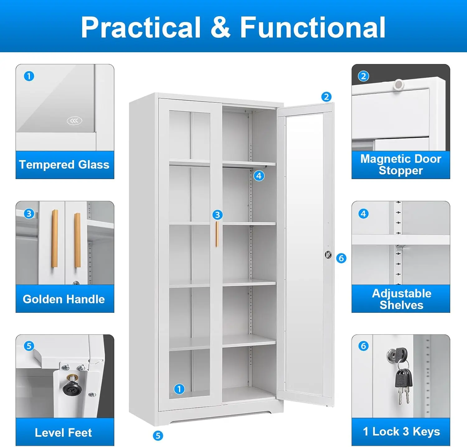Display Cabinet with Glass Doors, Metal Curio Cabinets with Lock and Shelves, 71''Tall Display Case for Living & Dining Room