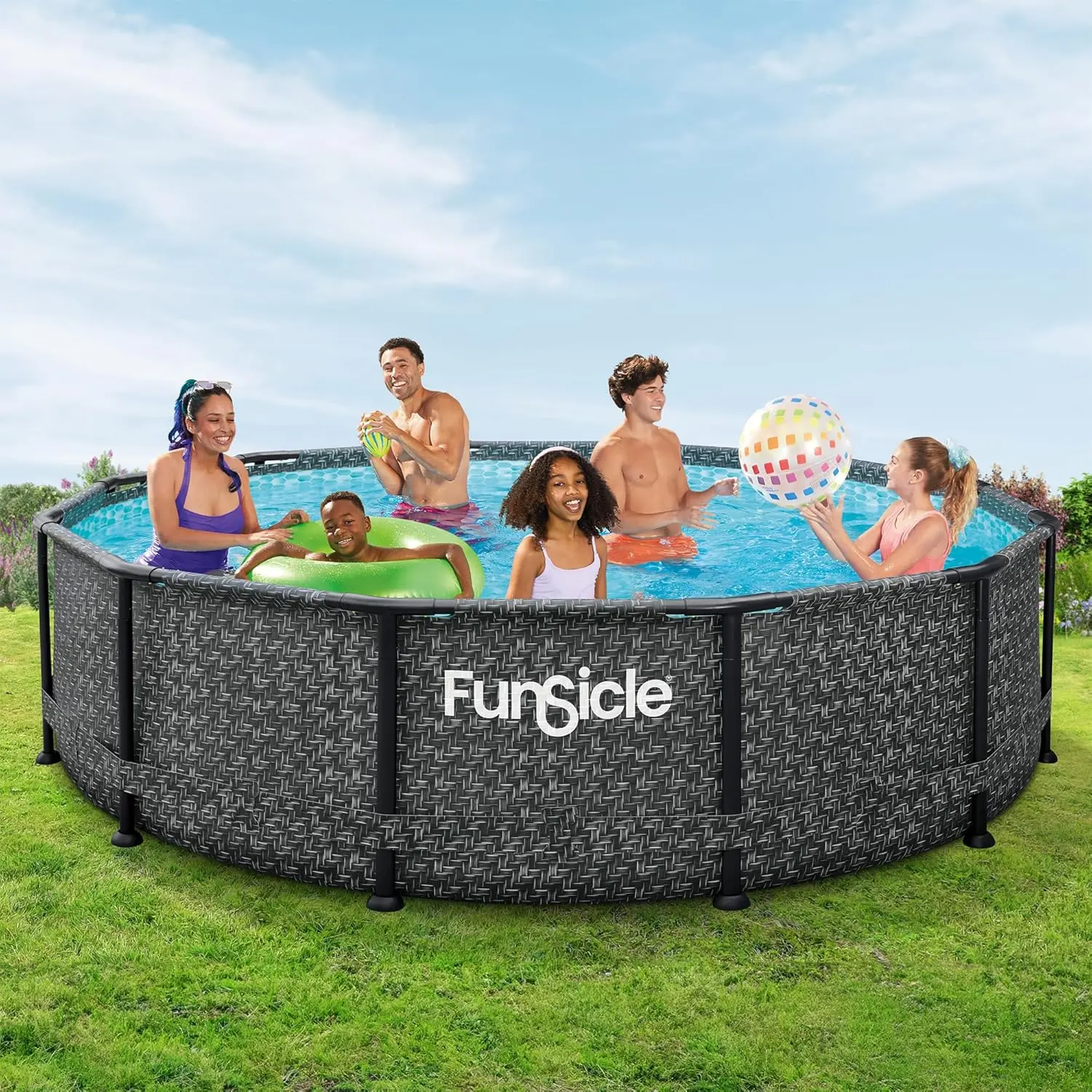 12' by 36" Oasis Designer Round Frame Above Ground Swimming Pool with Filter Pump, D Cartridge, & Ladder, Dark Herringbone