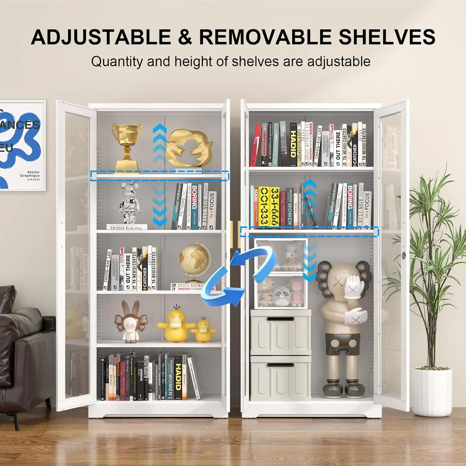 Display Cabinet with Glass Doors, Metal Curio Cabinets with Lock and Shelves, 71''Tall Display Case for Living & Dining Room