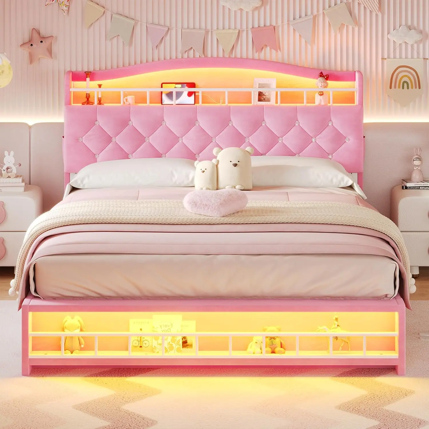 Queen Szie Girls Bed with LED Lights & Charging Station, Princess Queen Size Bed Frame with Hidden Storage Headborad