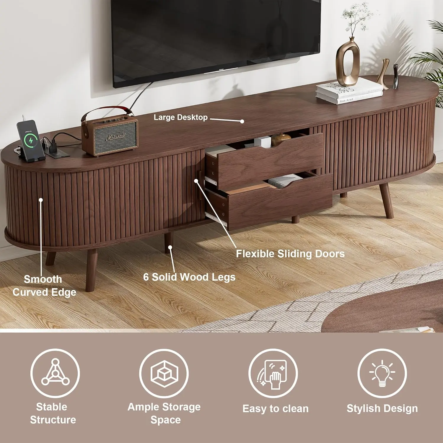 69" Mid Century Modern TV Stand with Charging Station, Farmhouse Curved Round Edge TV and Media Console Table ，Walnut