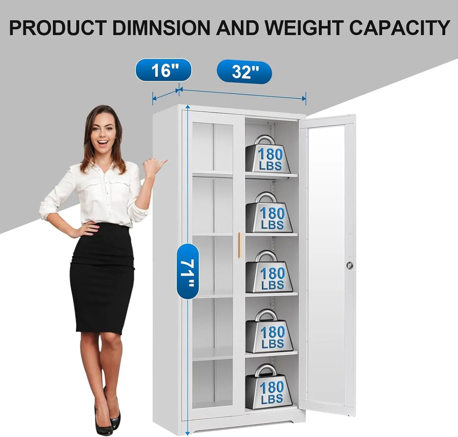 Display Cabinet with Glass Doors, Metal Curio Cabinets with Lock and Shelves, 71''Tall Display Case for Living & Dining Room