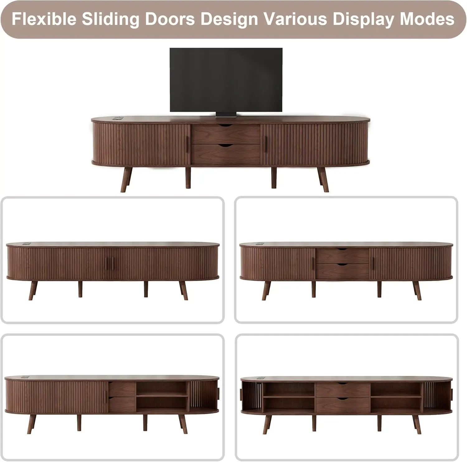 69" Mid Century Modern TV Stand with Charging Station, Farmhouse Curved Round Edge TV and Media Console Table ，Walnut