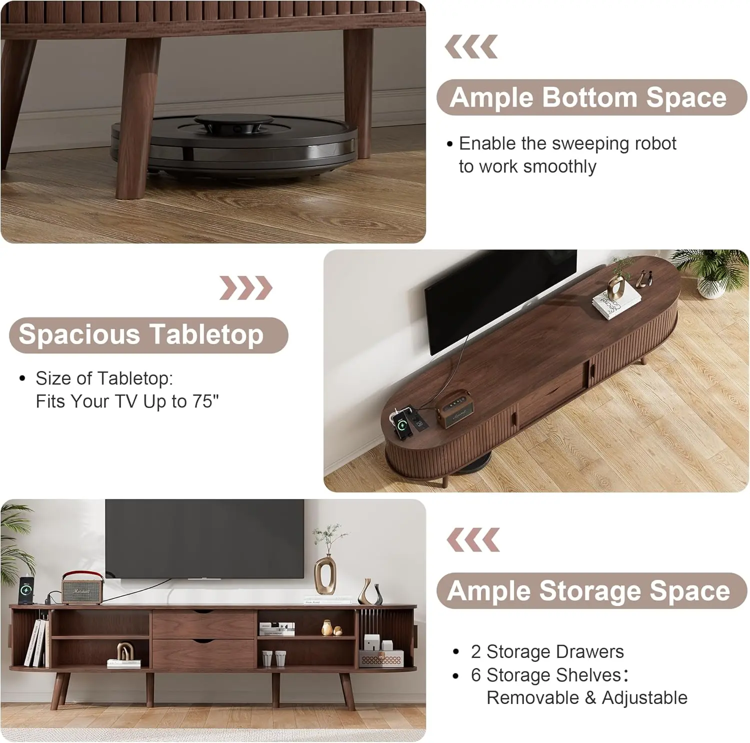 69" Mid Century Modern TV Stand with Charging Station, Farmhouse Curved Round Edge TV and Media Console Table ，Walnut