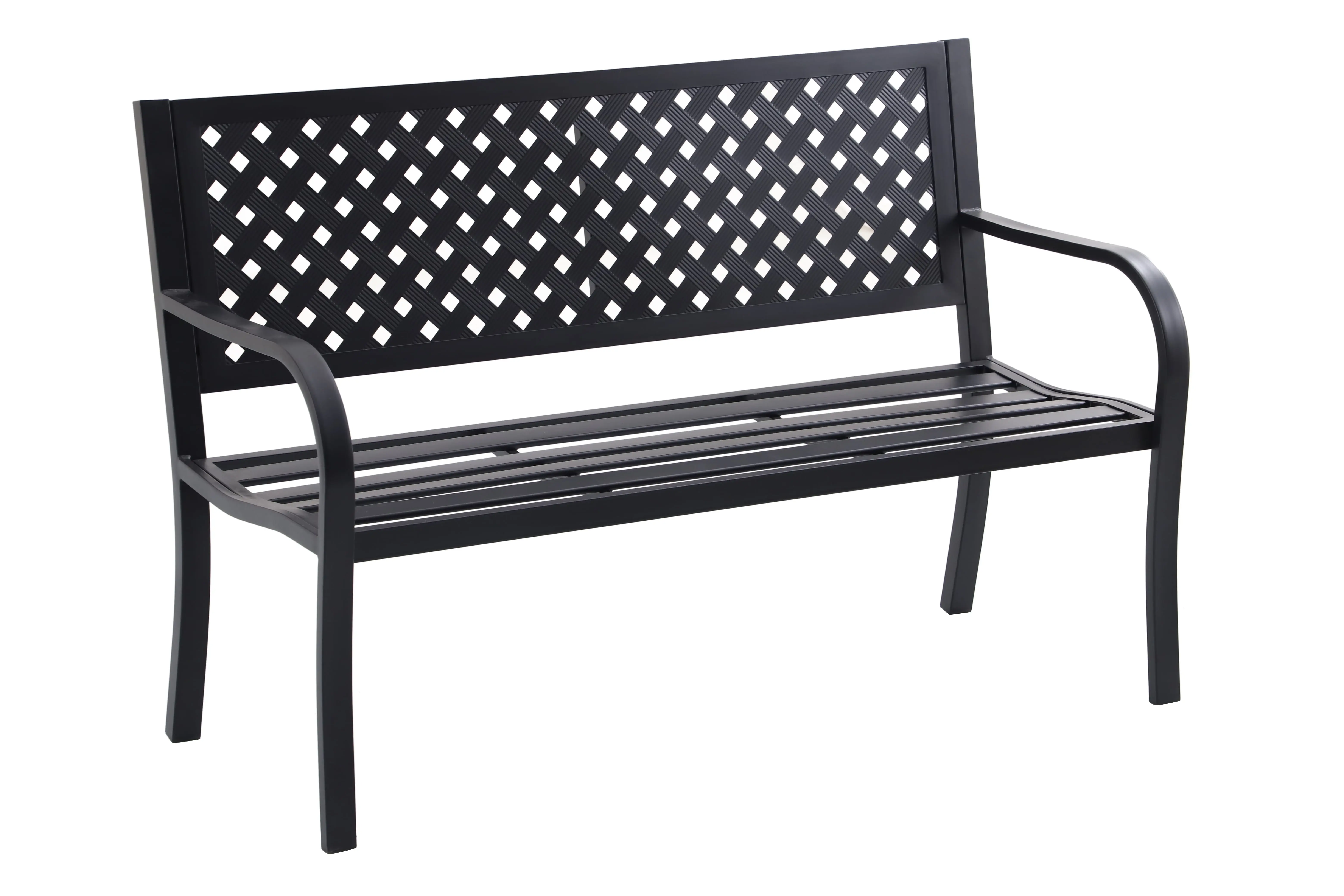 Lattice High Back Slat Seat Steel Outdoor Bench, Black - Seats 2