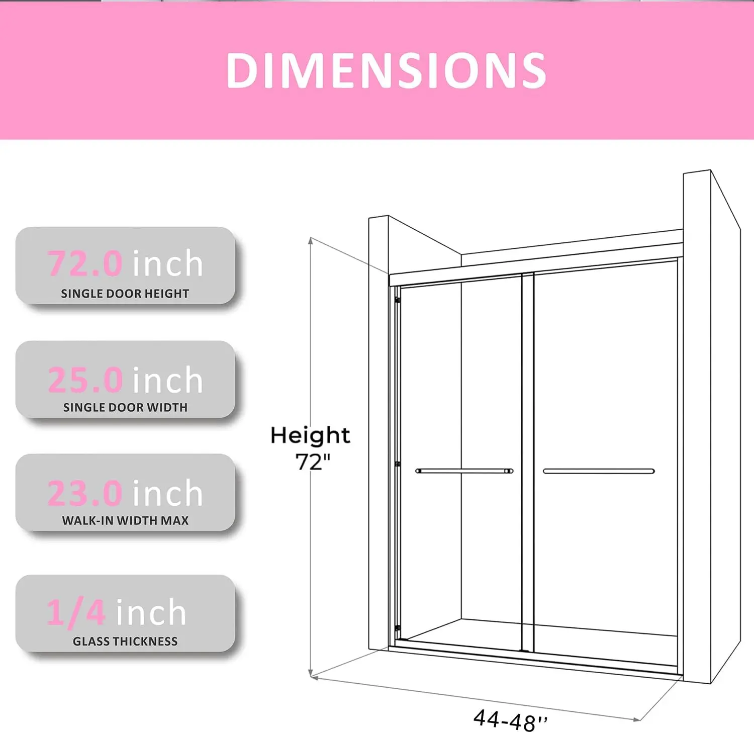 48 Inch Glass Shower Door with 1/4" (6mm) Clear SGCC Tempered Glass,44-48 in.W x72 in.H Semi-Frameless Sliding Shower Door