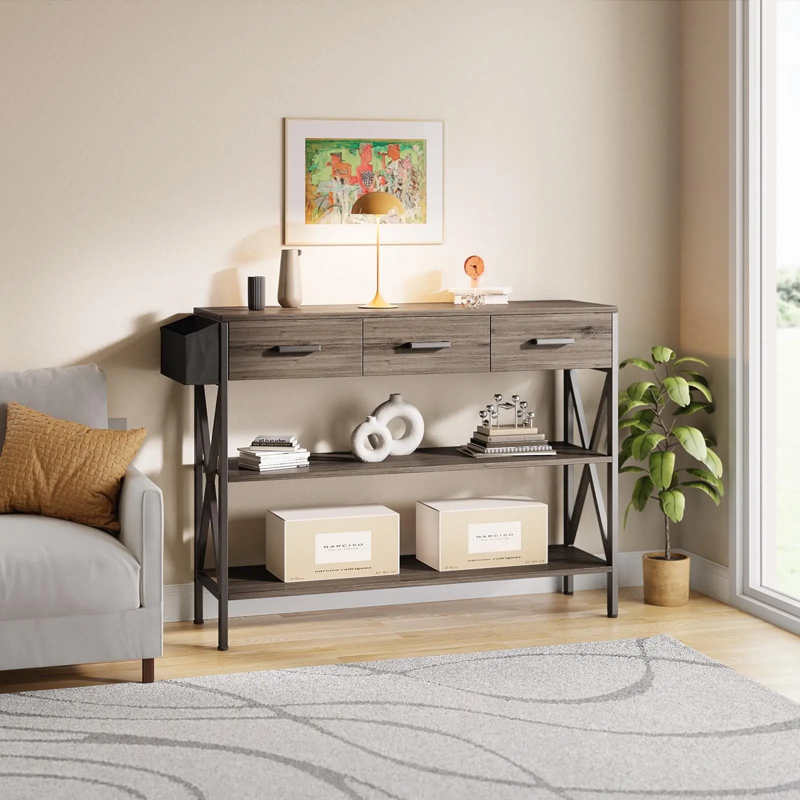 Grey Entryway Table, 47" Console Table with Drawers, Narrow Sofa Table End Table with 3 Drawers for Foyer