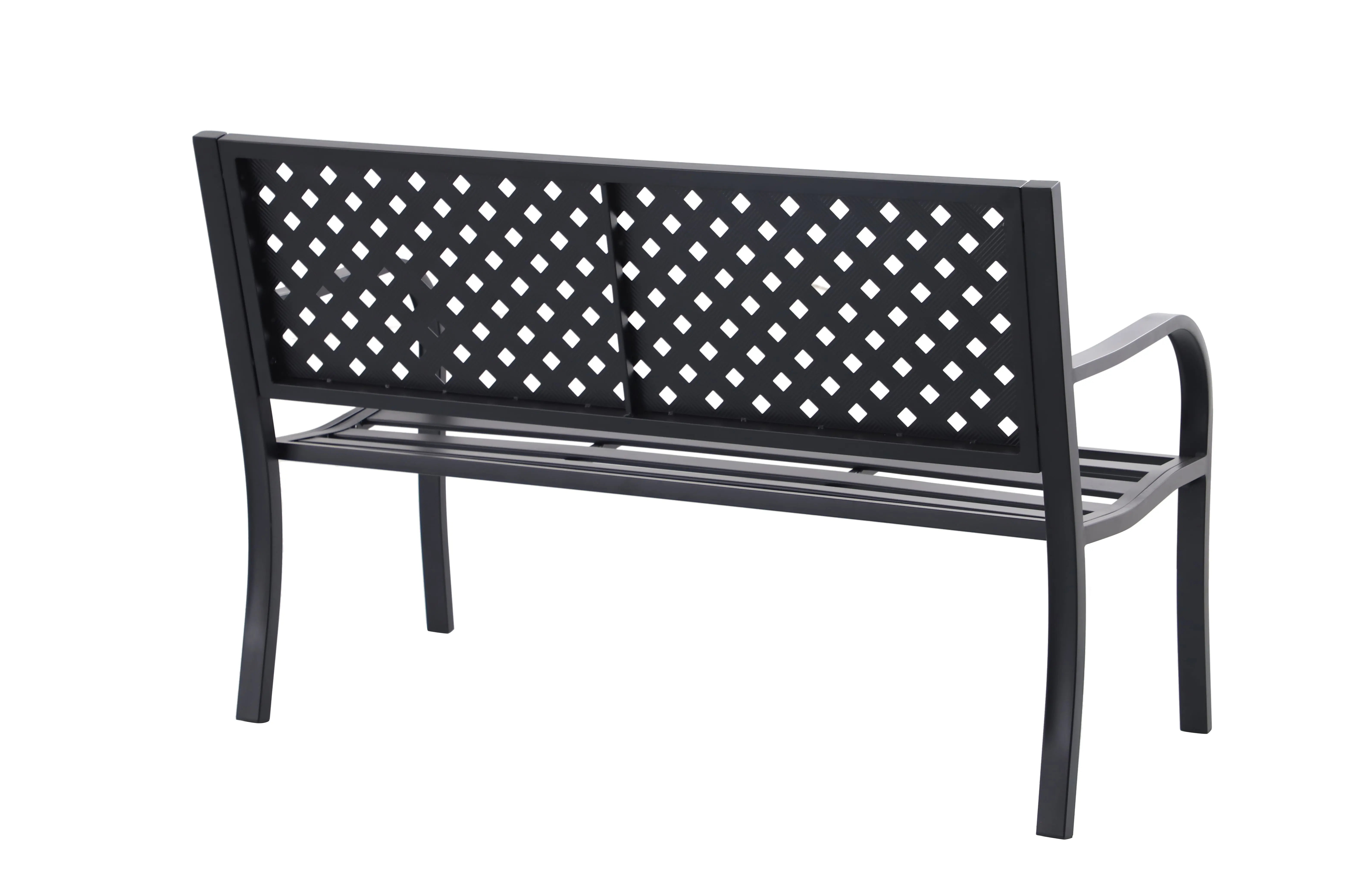 Lattice High Back Slat Seat Steel Outdoor Bench, Black - Seats 2