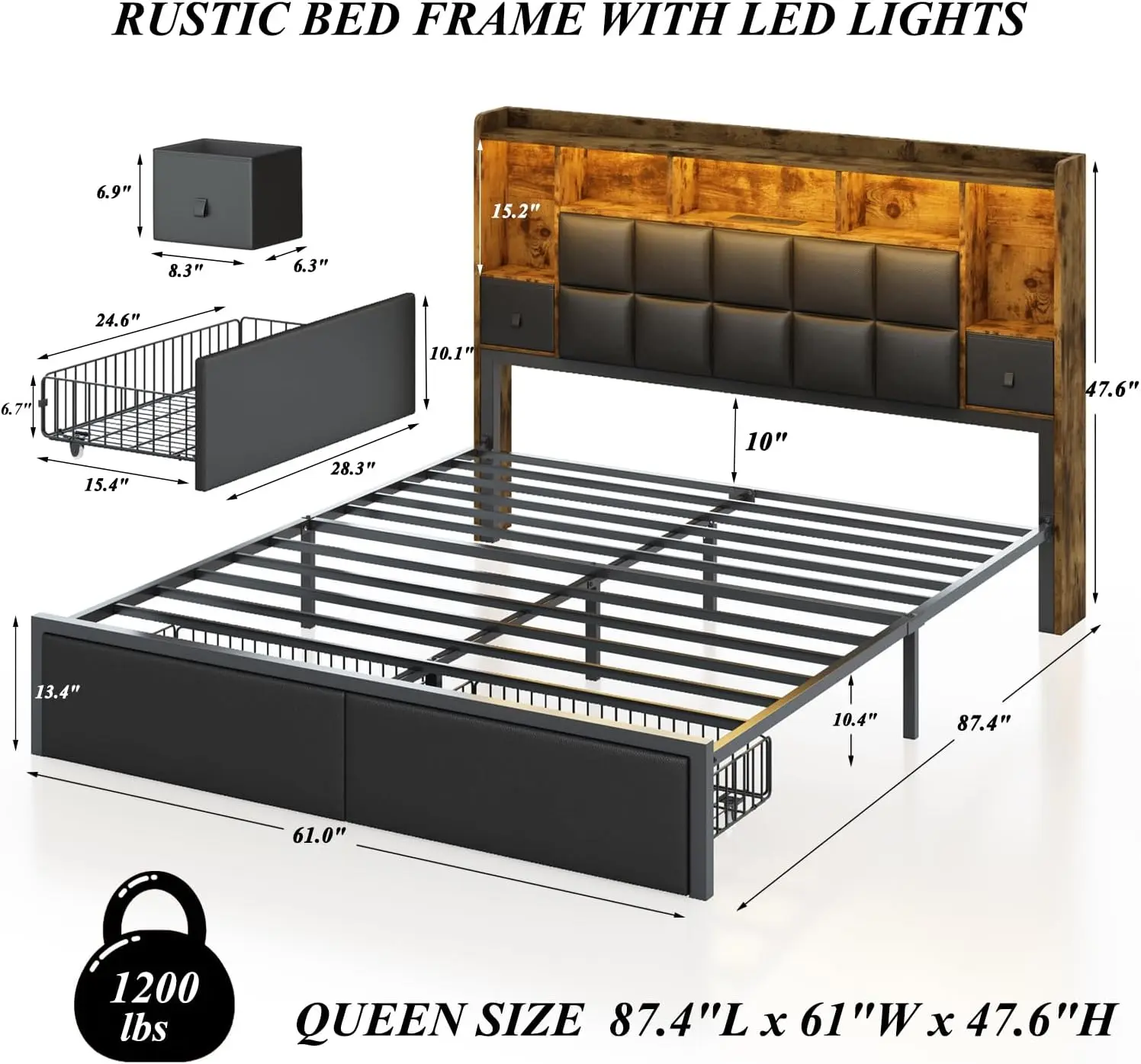LED Bed Frame Queen Size with 2 Hidden Storage Drawers & Bookcase, PU Leather Headboard, Upholstered Platform Bed