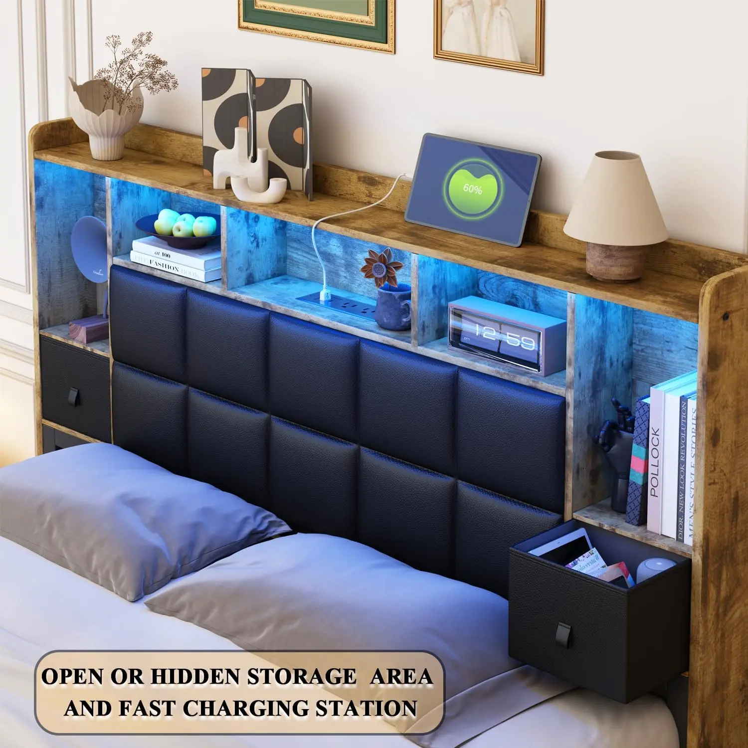 LED Bed Frame Queen Size with 2 Hidden Storage Drawers & Bookcase, PU Leather Headboard, Upholstered Platform Bed
