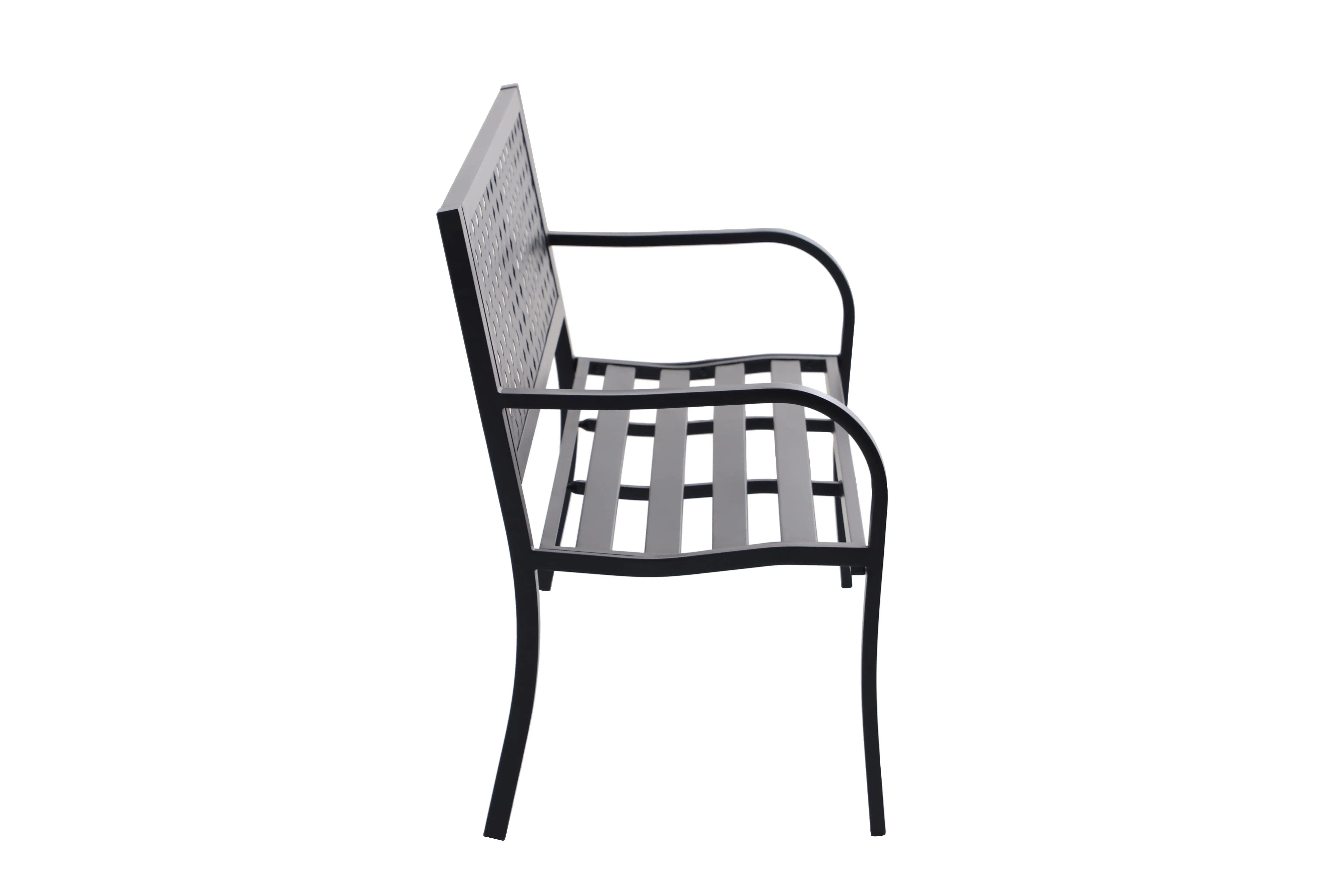 Lattice High Back Slat Seat Steel Outdoor Bench, Black - Seats 2