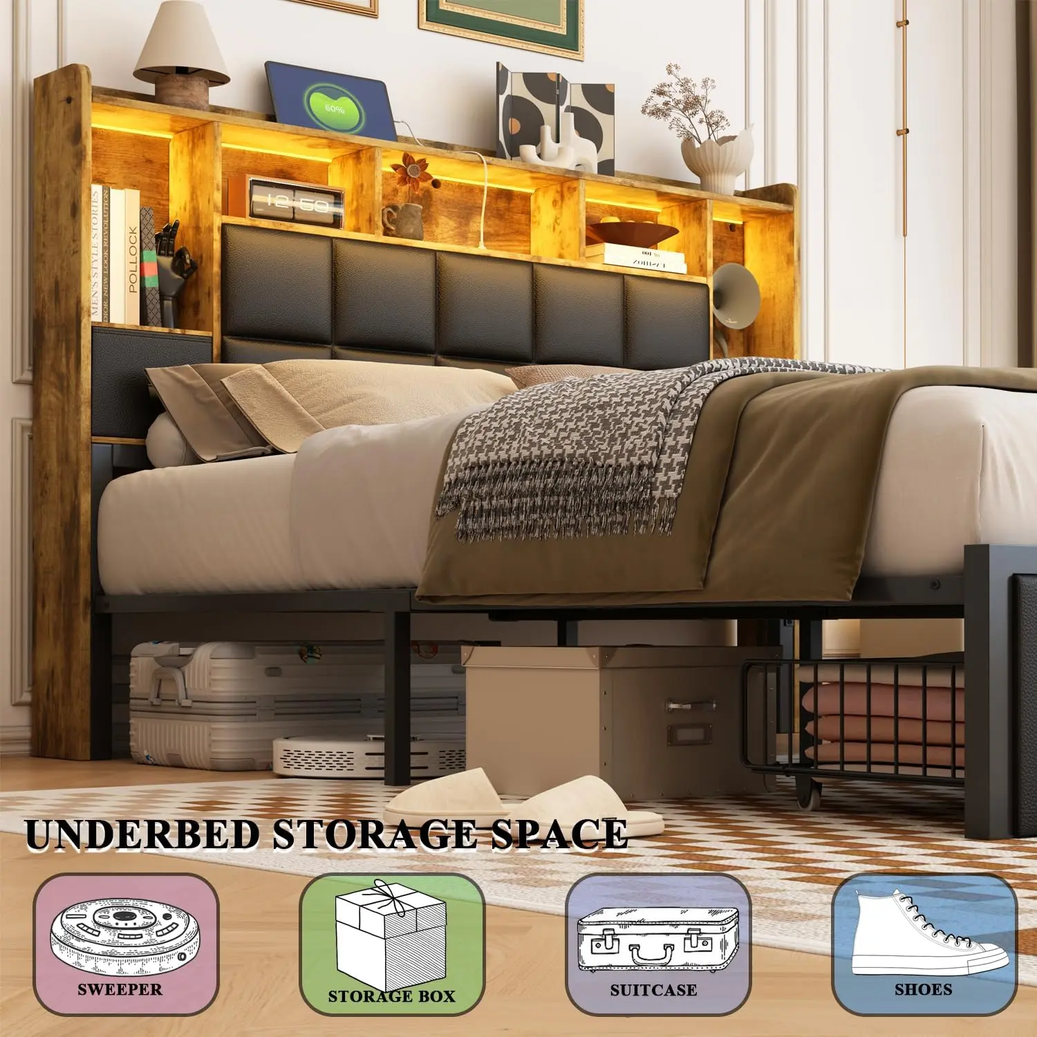 LED Bed Frame Queen Size with 2 Hidden Storage Drawers & Bookcase, PU Leather Headboard, Upholstered Platform Bed
