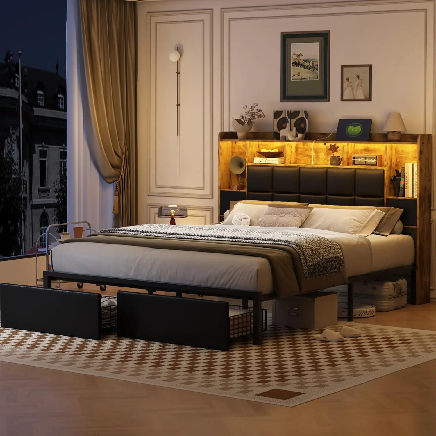LED Bed Frame Queen Size with 2 Hidden Storage Drawers & Bookcase, PU Leather Headboard, Upholstered Platform Bed