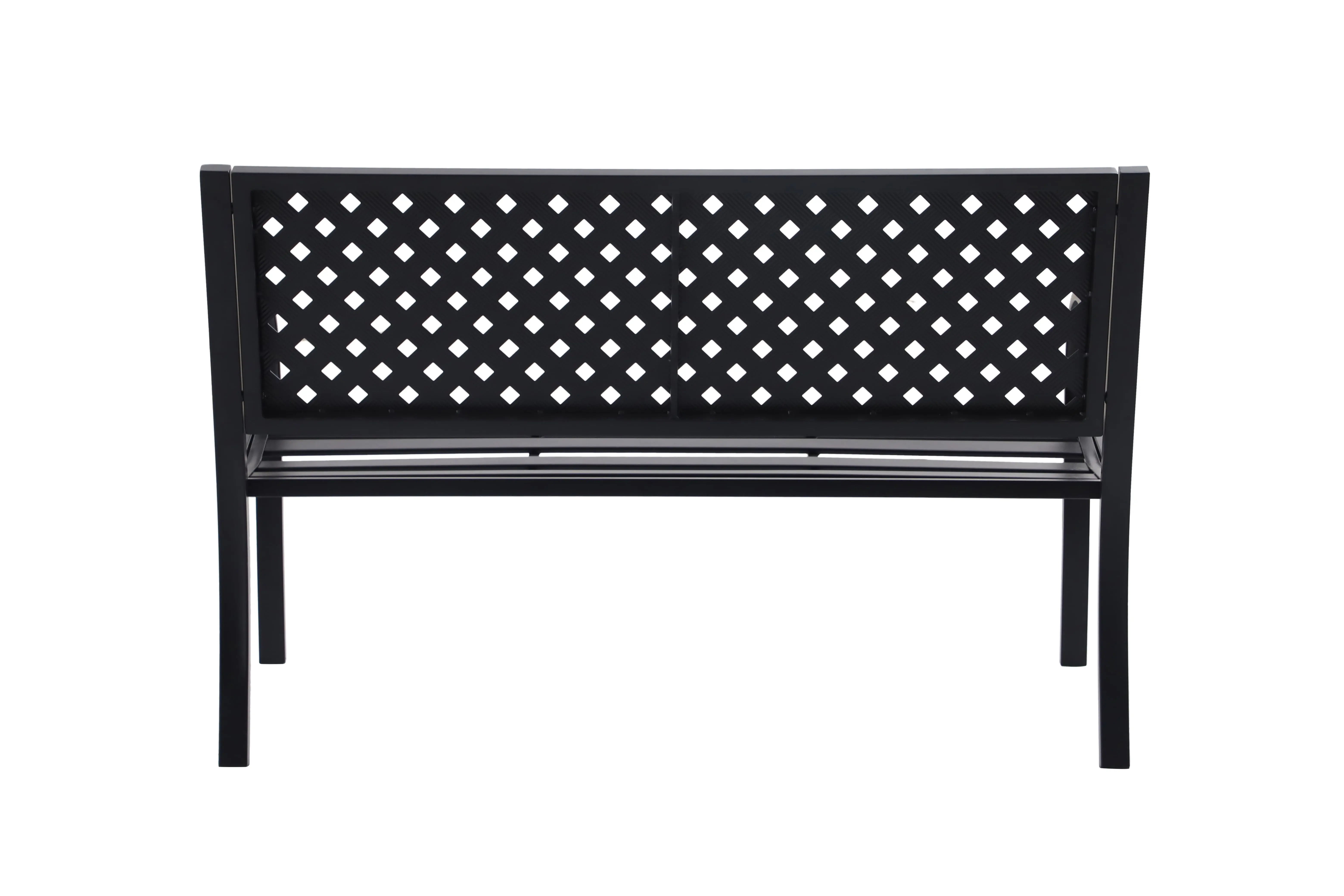 Lattice High Back Slat Seat Steel Outdoor Bench, Black - Seats 2