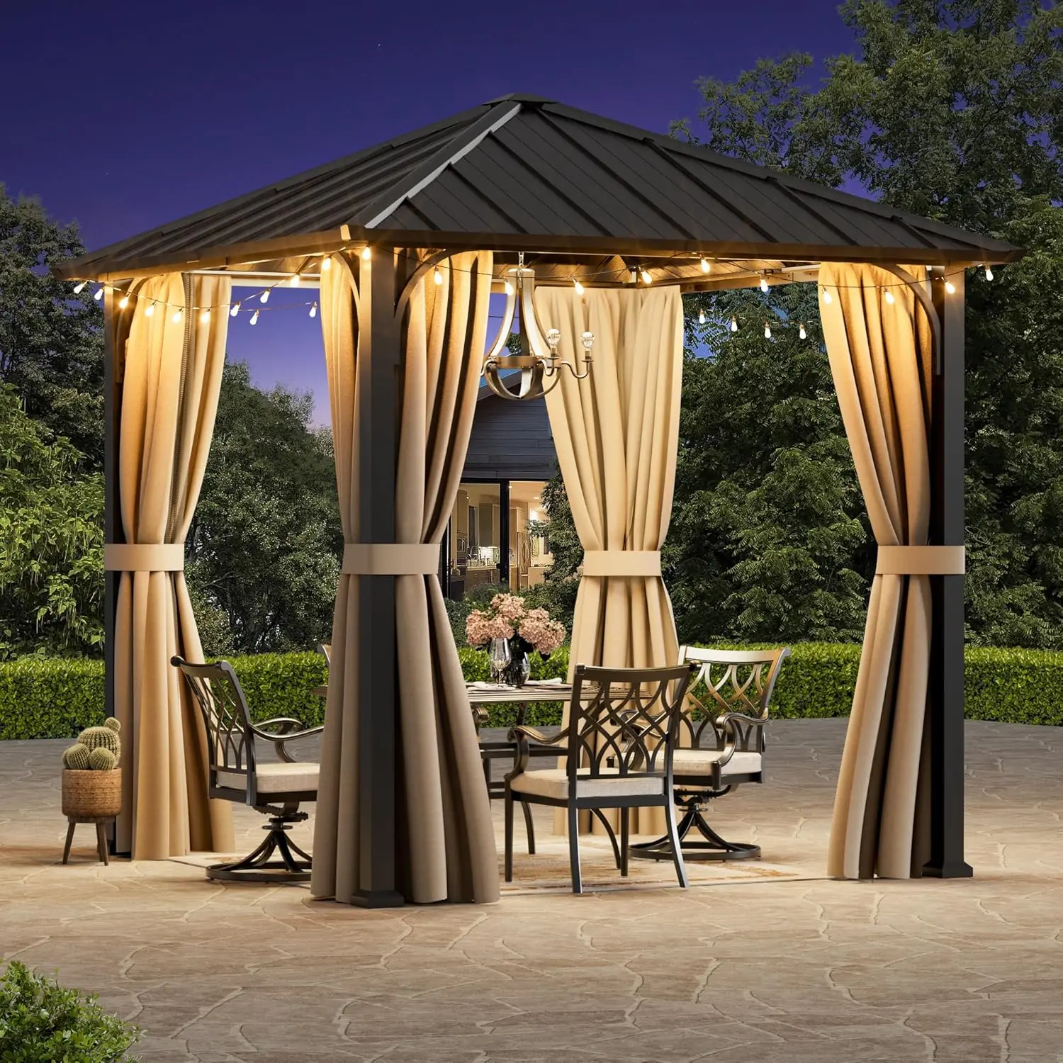 Modern Shade 8'x8' Hardtop Gazebo with Galvanized Steel Roof & Detachable Curtains, Permanent Metal Gazebo Outdoor