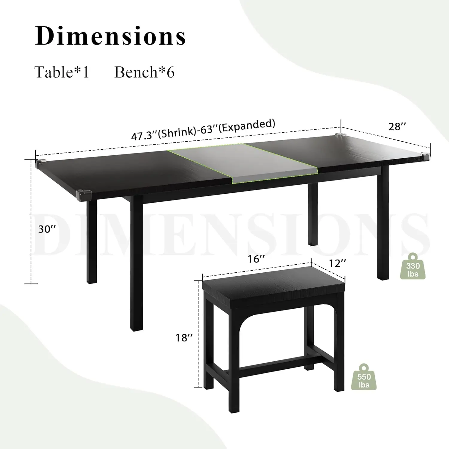 7-Piece Dining Table Set for 4-8, 63" Large Extendable Kitchen Table Set with 6 Stools, Modern Dining Room Table with Heavy-Duty