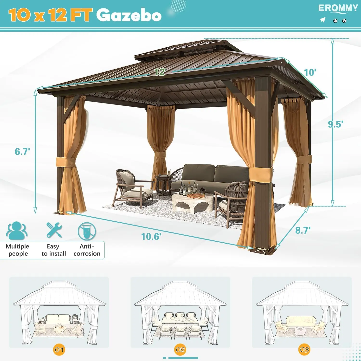 10' x 12' Hardtop Gazebo, Aluminum Frame Gazebos with Galvanized Steel Double Roof, Permanent Outdoor Metal Pavilion with