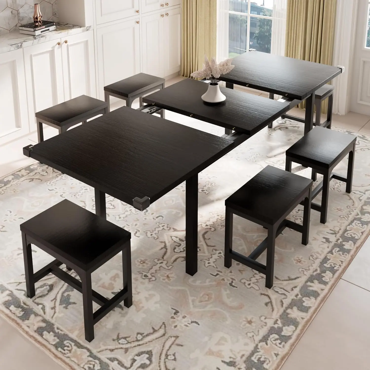 7-Piece Dining Table Set for 4-8, 63" Large Extendable Kitchen Table Set with 6 Stools, Modern Dining Room Table with Heavy-Duty