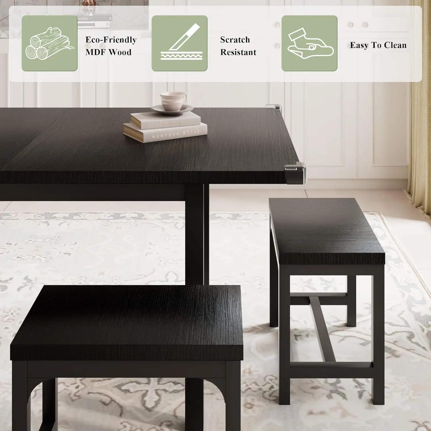 7-Piece Dining Table Set for 4-8, 63" Large Extendable Kitchen Table Set with 6 Stools, Modern Dining Room Table with Heavy-Duty