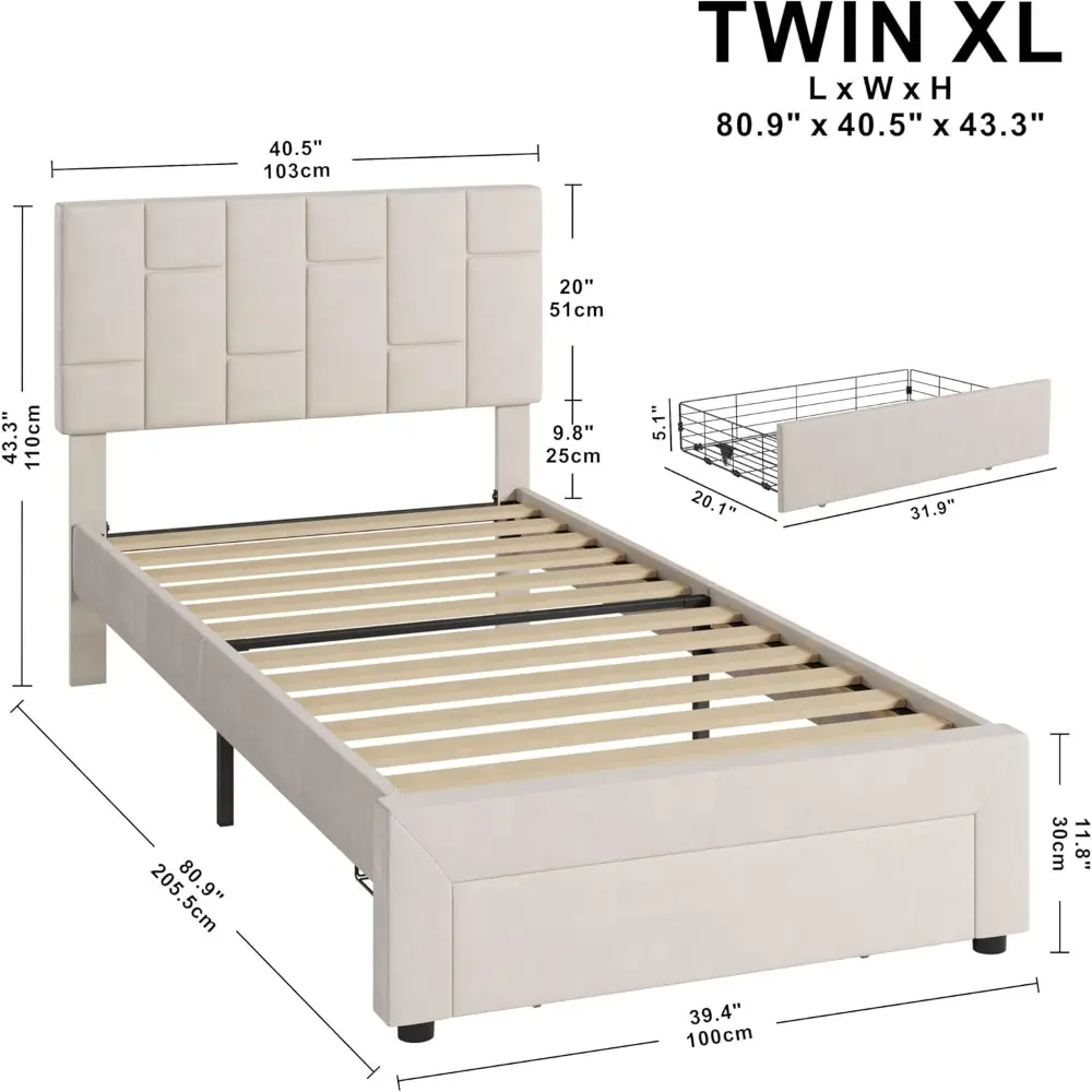LIKIMIO Twin XL Bed Frame with Under-Bed Drawer, Platform Upholstered Bed with Headboard, No Box Spring Needed/Noise-Free, Beige