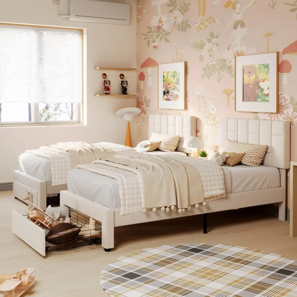 LIKIMIO Twin XL Bed Frame with Under-Bed Drawer, Platform Upholstered Bed with Headboard, No Box Spring Needed/Noise-Free, Beige