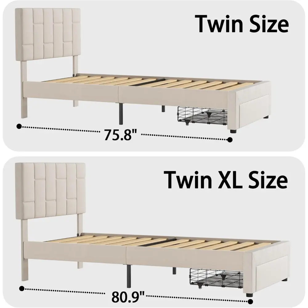 LIKIMIO Twin XL Bed Frame with Under-Bed Drawer, Platform Upholstered Bed with Headboard, No Box Spring Needed/Noise-Free, Beige