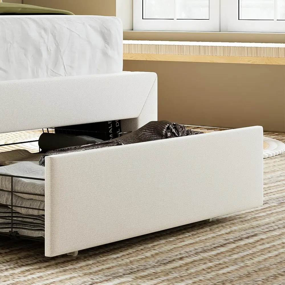 LIKIMIO Twin XL Bed Frame with Under-Bed Drawer, Platform Upholstered Bed with Headboard, No Box Spring Needed/Noise-Free, Beige