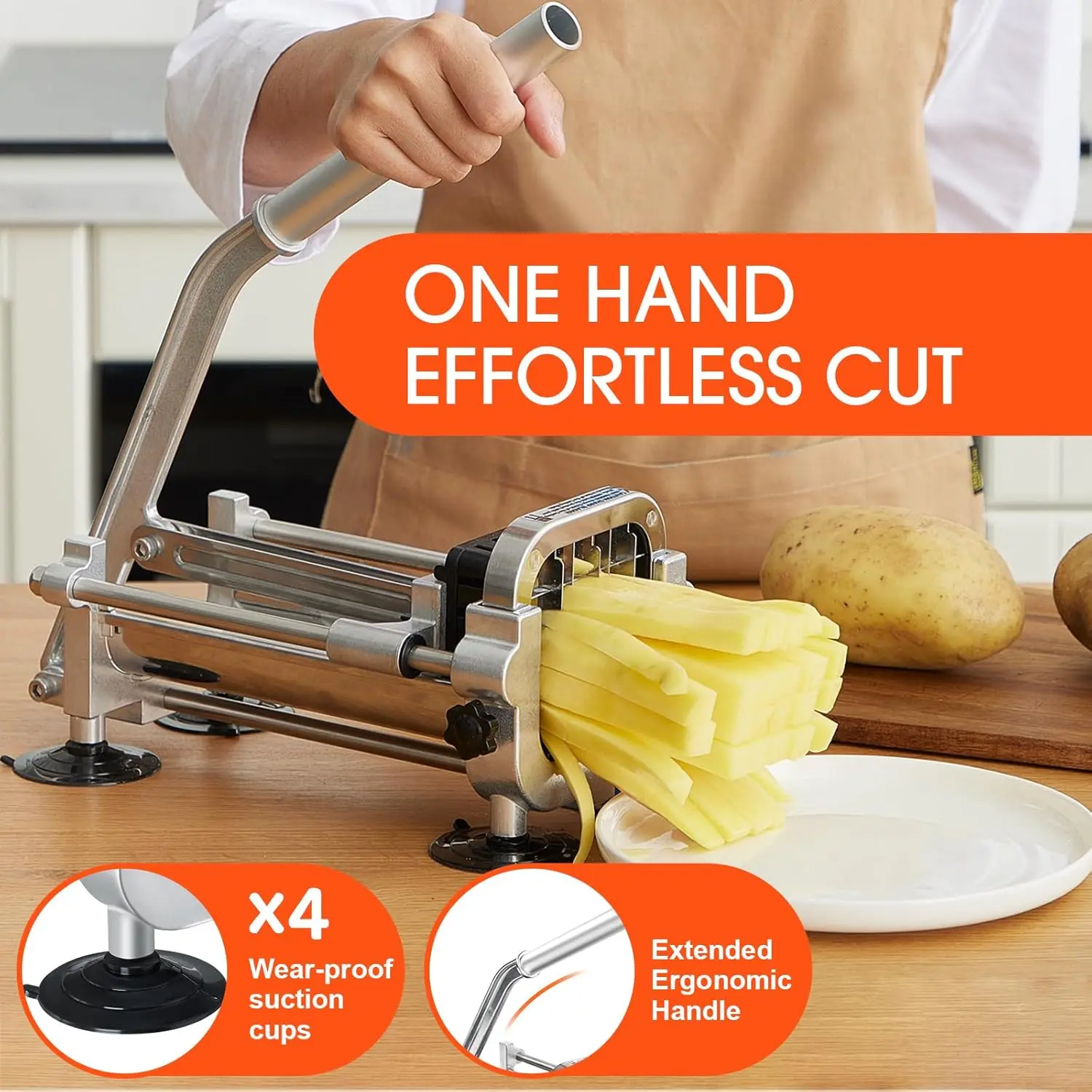 French Fry Cutter, Stainless Steel Potato Cutter with 1/2 Inch and 3/8 Inch Blades, (Manual Cutter, 1/2'' & 3/8'' Blade)