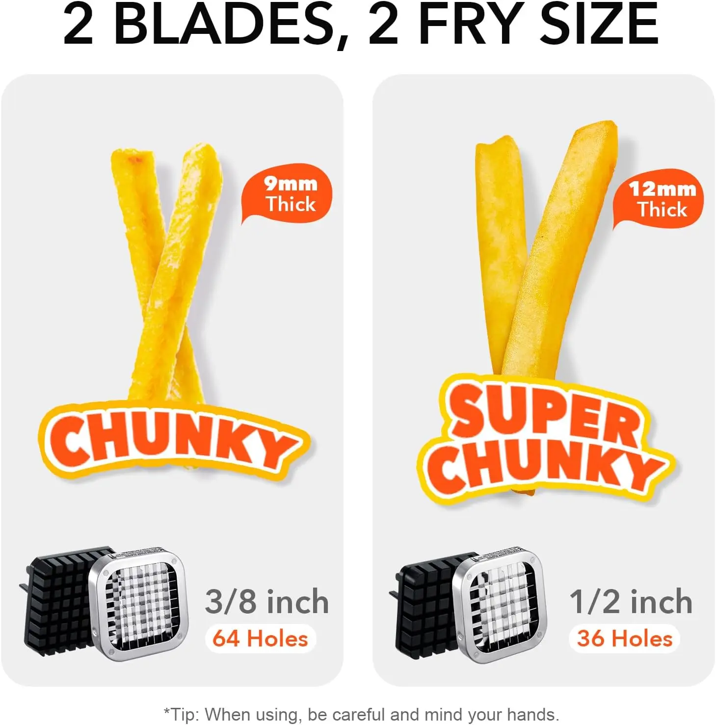 French Fry Cutter, Stainless Steel Potato Cutter with 1/2 Inch and 3/8 Inch Blades, (Manual Cutter, 1/2'' & 3/8'' Blade)