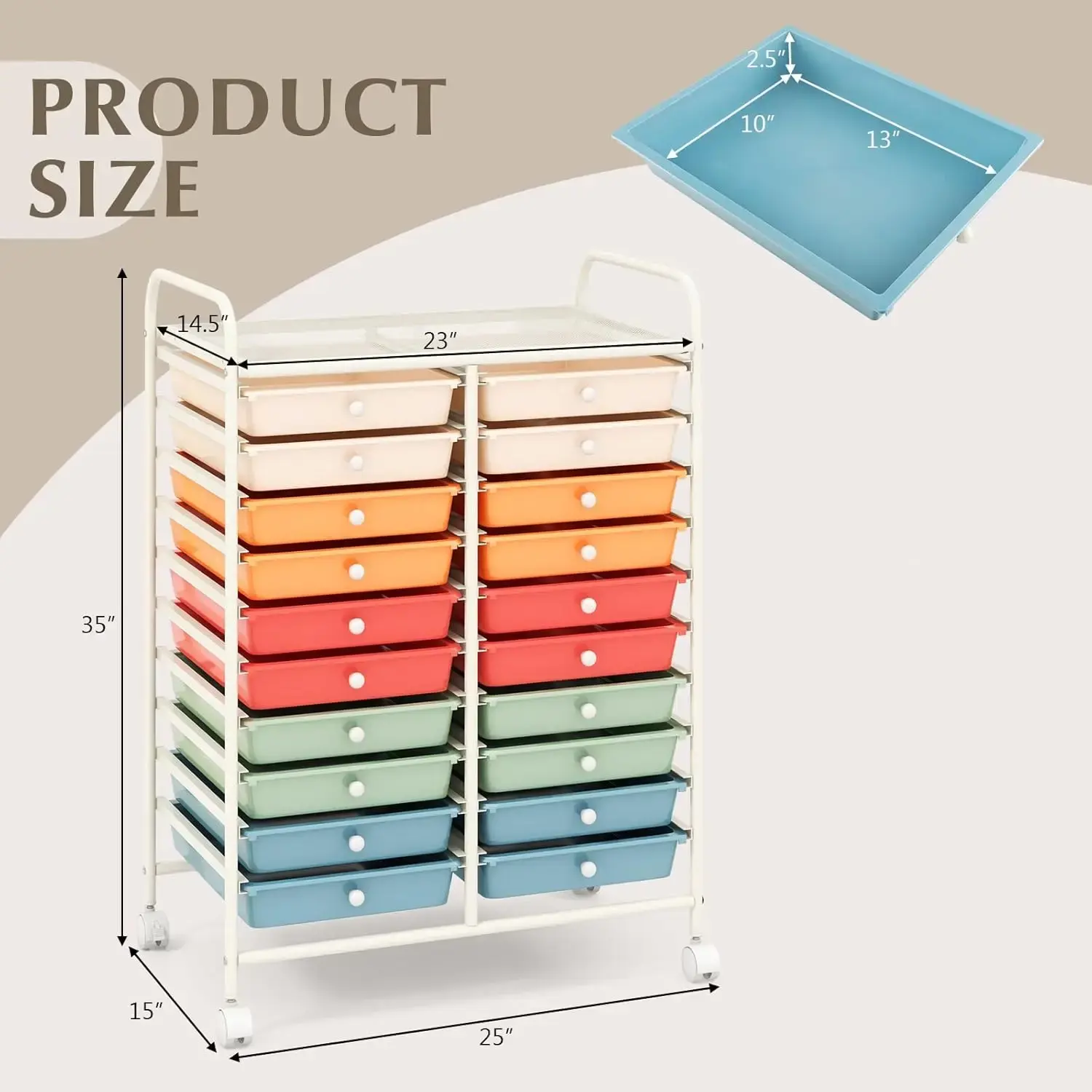 20-Drawer Rolling Storage Cart, Multifunctional Art Craft Organizer Cart, Mobile Utility Storage Cart with Removable Drawers