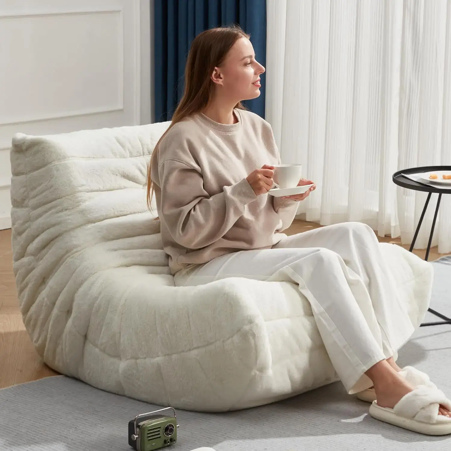 Chairs for Adults Giant Chair Memory Foam BeanBag Chair Big  Sofa with Filler Faux Fur Fireside Beanbags Lazy  (White Plush)