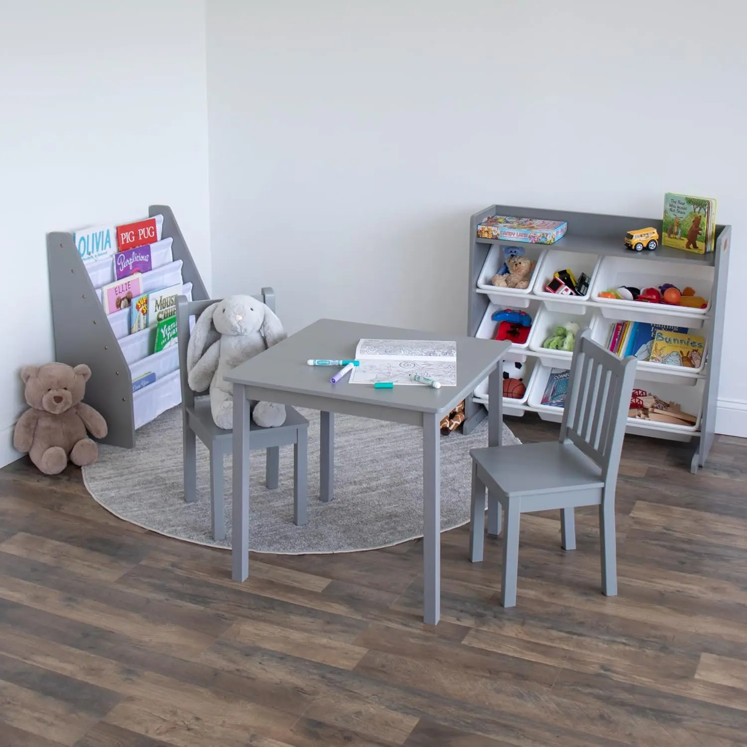 Kids Wooden Table and 2 Chairs Set, Grey - Square Kids Table and Chair Set for Toddlers and Children for Arts, Crafts, a