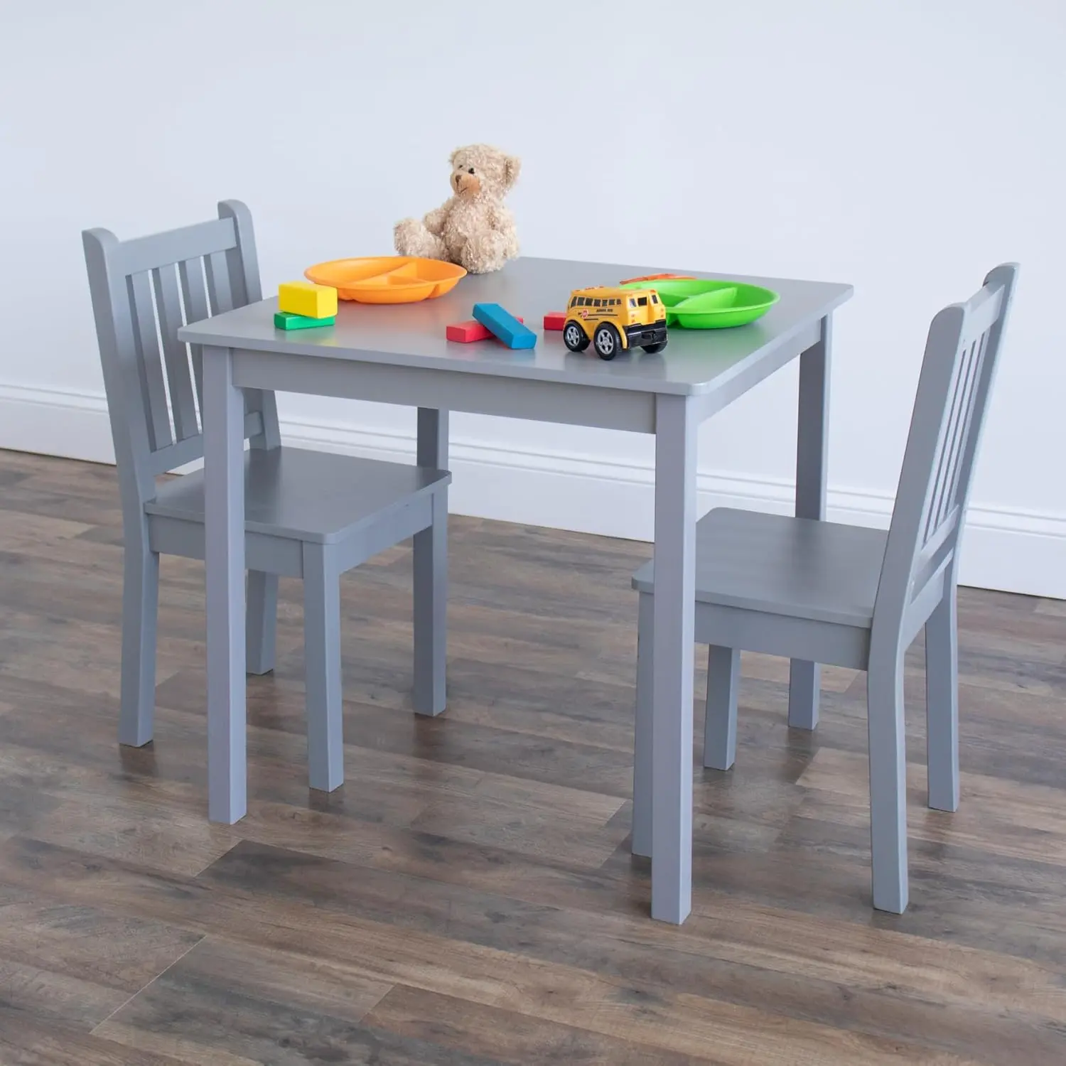 Kids Wooden Table and 2 Chairs Set, Grey - Square Kids Table and Chair Set for Toddlers and Children for Arts, Crafts, a