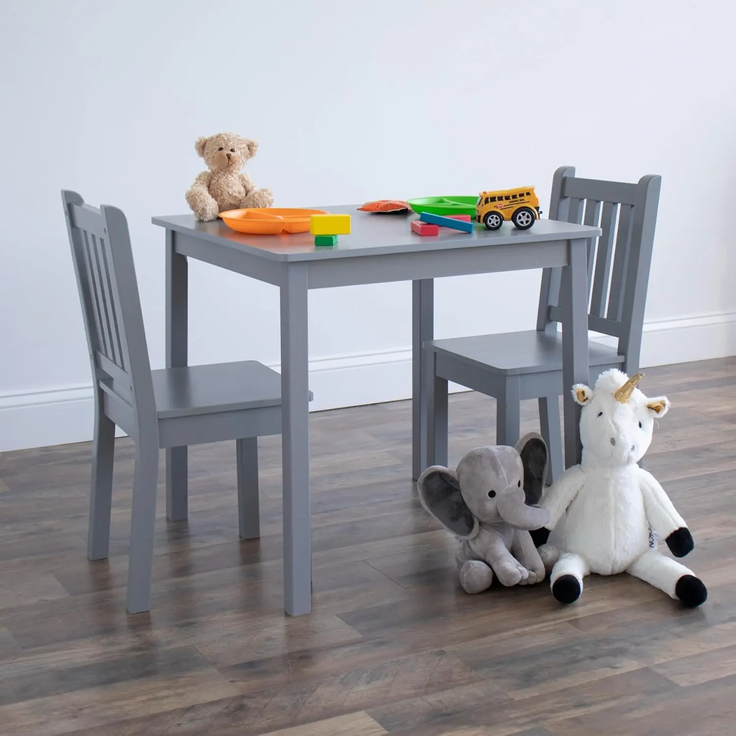 Kids Wooden Table and 2 Chairs Set, Grey - Square Kids Table and Chair Set for Toddlers and Children for Arts, Crafts, a