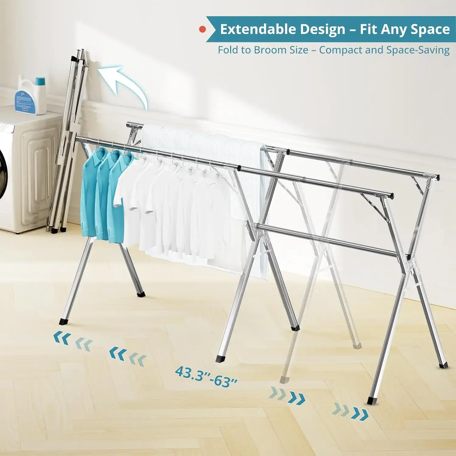 63 Inches Clothes Drying Rack, Drying Rack Clothing Folding Indoor Outdoor, Heavy Duty Stainless Steel Laundry Rack,